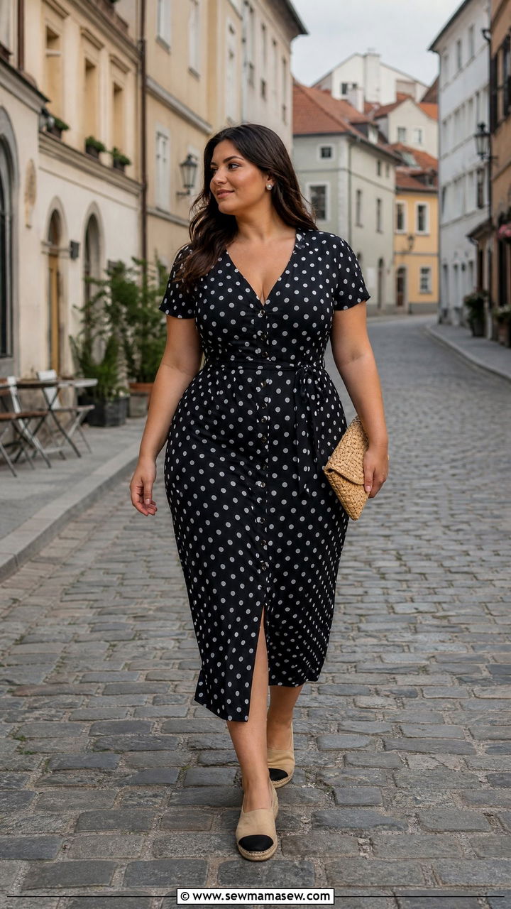 Polka Dot Midi Dress Vacation Outfit - 30 Vacation outfits for curvy women