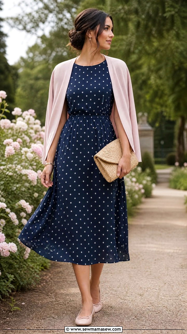 Polka Dot Midi Dress With A Cardigan And Ballet Flats - 25 French girl outfit ideas 2026