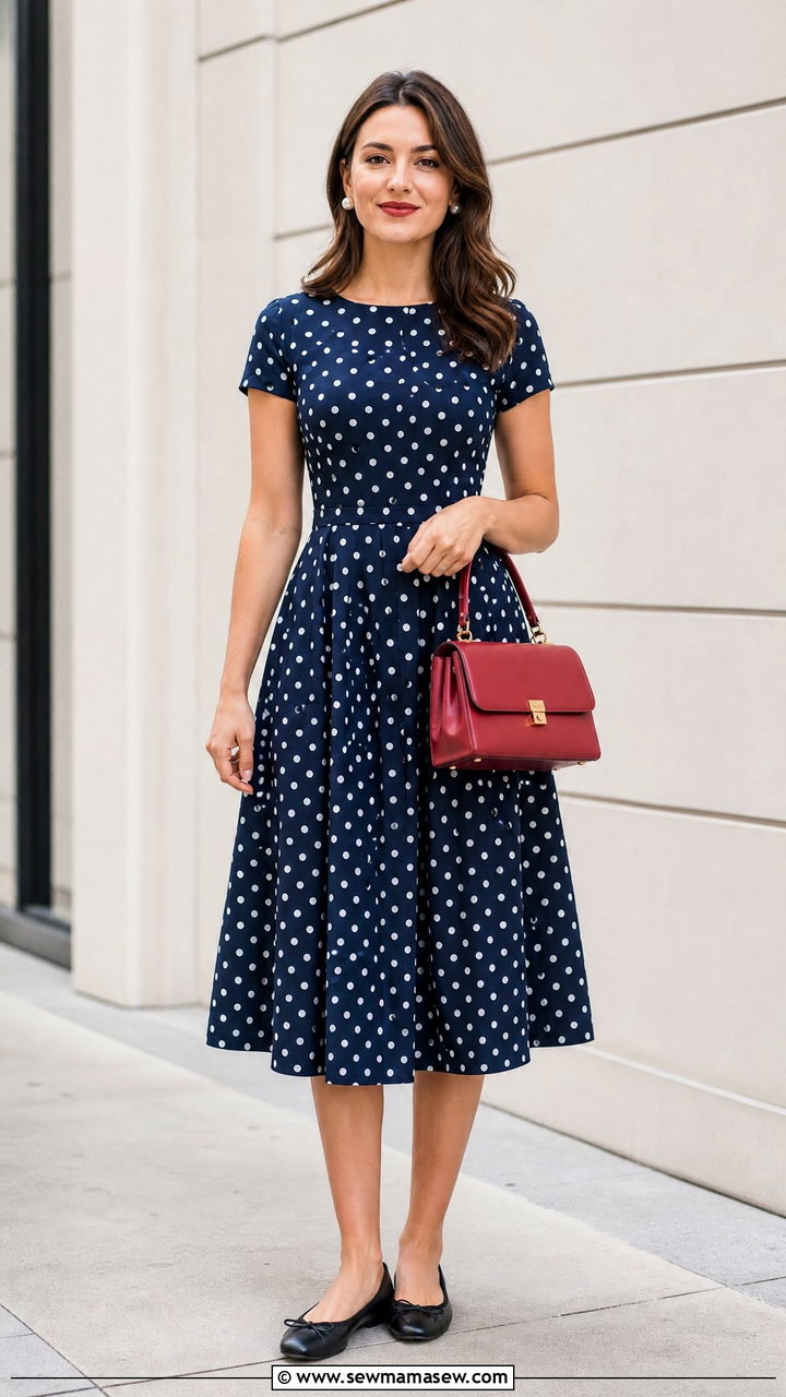 Polka Dot Midi Dress With Ballet Flats - 30 summer midi dress outfit ideas