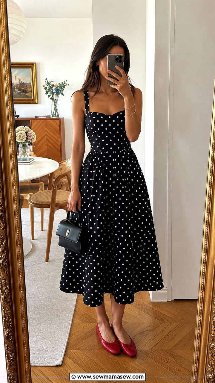 Polka Dot Midi Dress With Ballet Flats - 30 Midi dress outfit ideas for summer