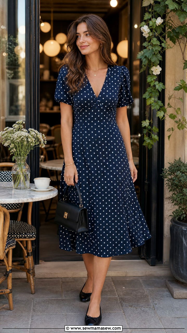 Polka Dot Midi Dress With Ballet Flats - 35 midi dress outfit ideas for women