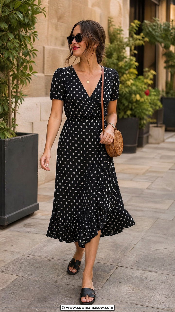 Polka Dot Midi Dress With Black Sandals - 30 Midi dress with sandals outfit ideas