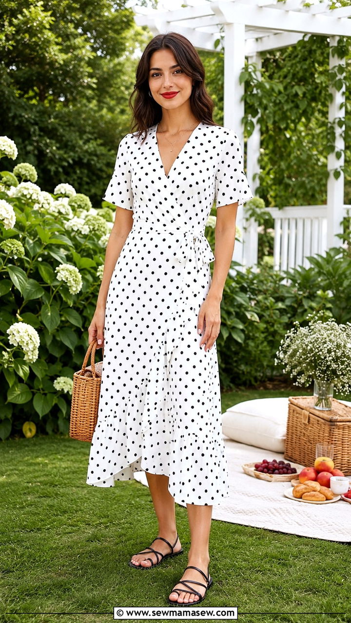 Polka Dot Midi Dress With Black Sandals - 30 Midi dress outfit ideas with sandals