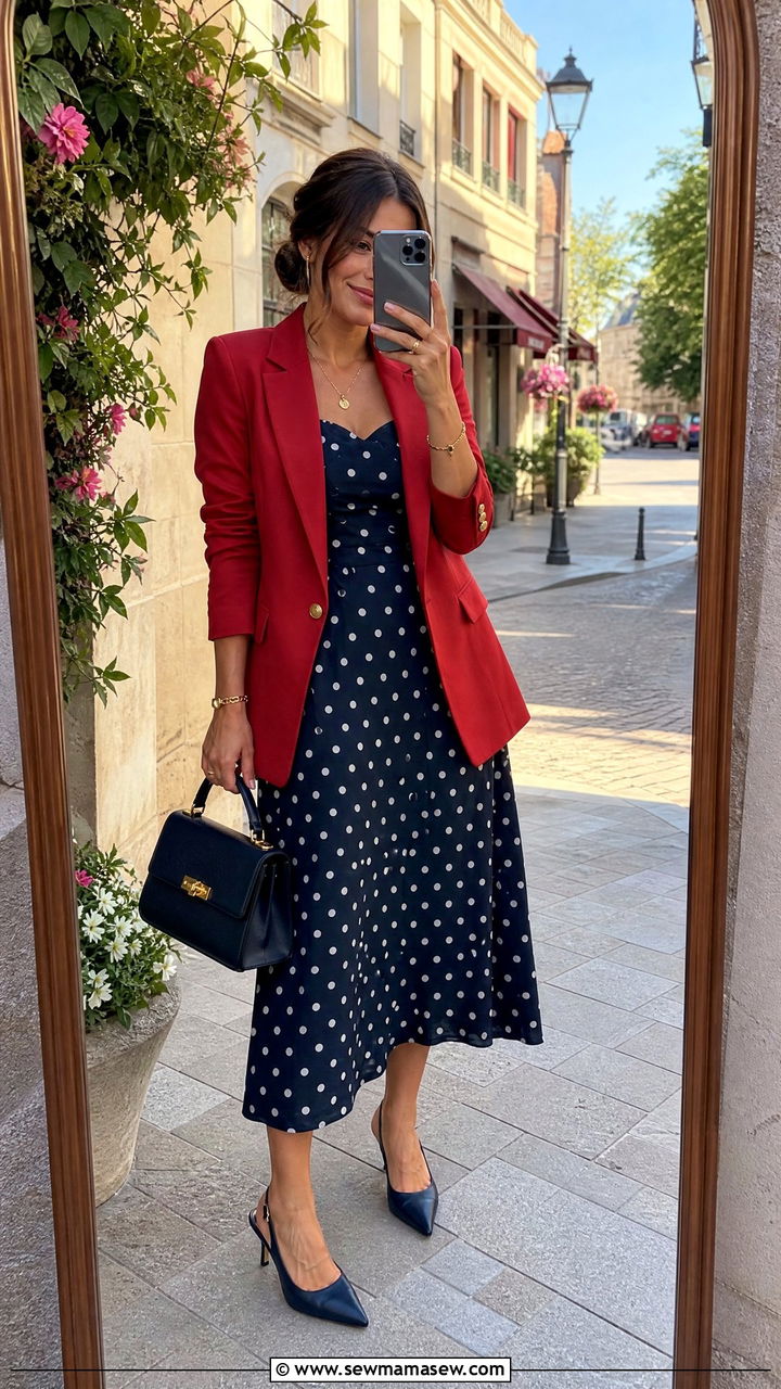 Polka Dot Midi Dress With Blazer - 30 Midi dress with blazer outfit ideas