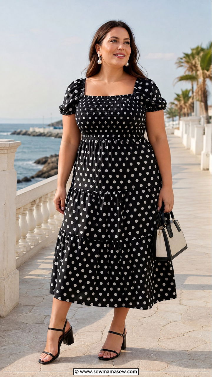 Polka Dot Midi Dress With Block Heel Sandals - 30 plus size beach vacation outfit ideas