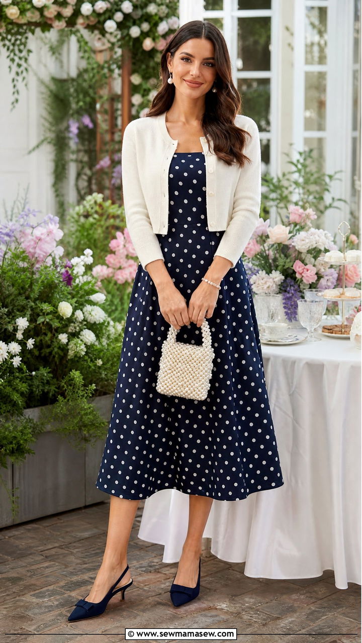 Polka Dot Midi Dress With Cropped Cardigan and Slingbacks - 30 Midi dress outfit ideas with a jacket