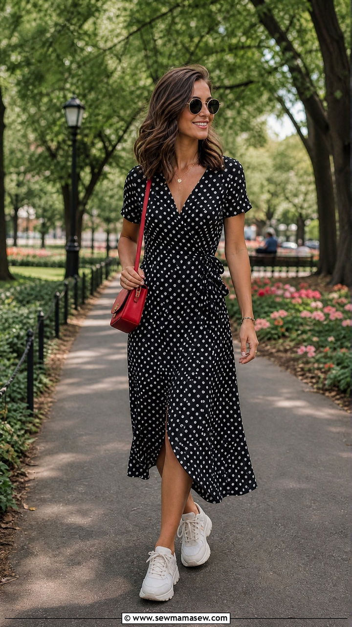 Polka Dot Midi Dress With Dad Sneakers - 30 Midi dress outfit ideas with sneakers
