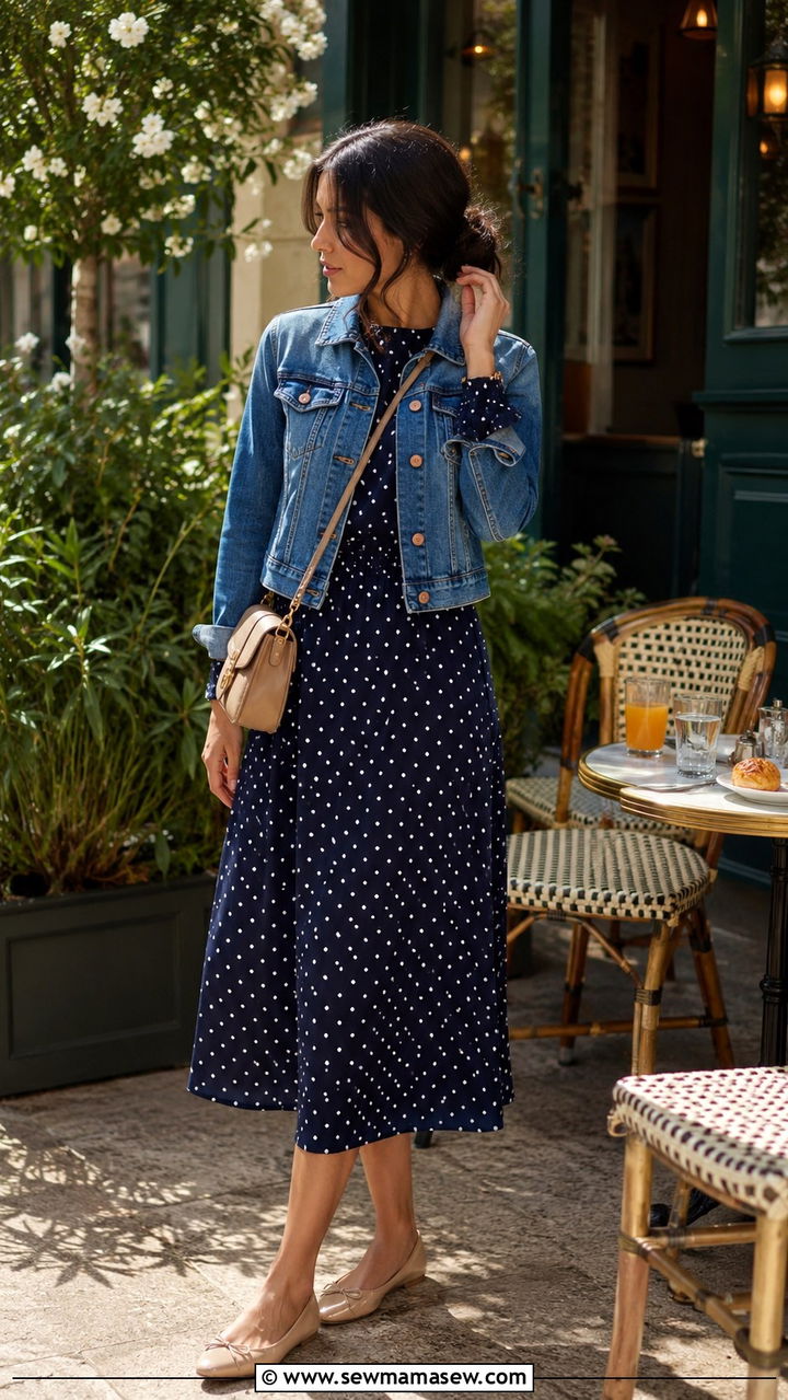Polka Dot Midi Dress With Denim Jacket - 30 Modest outfit ideas Parisian