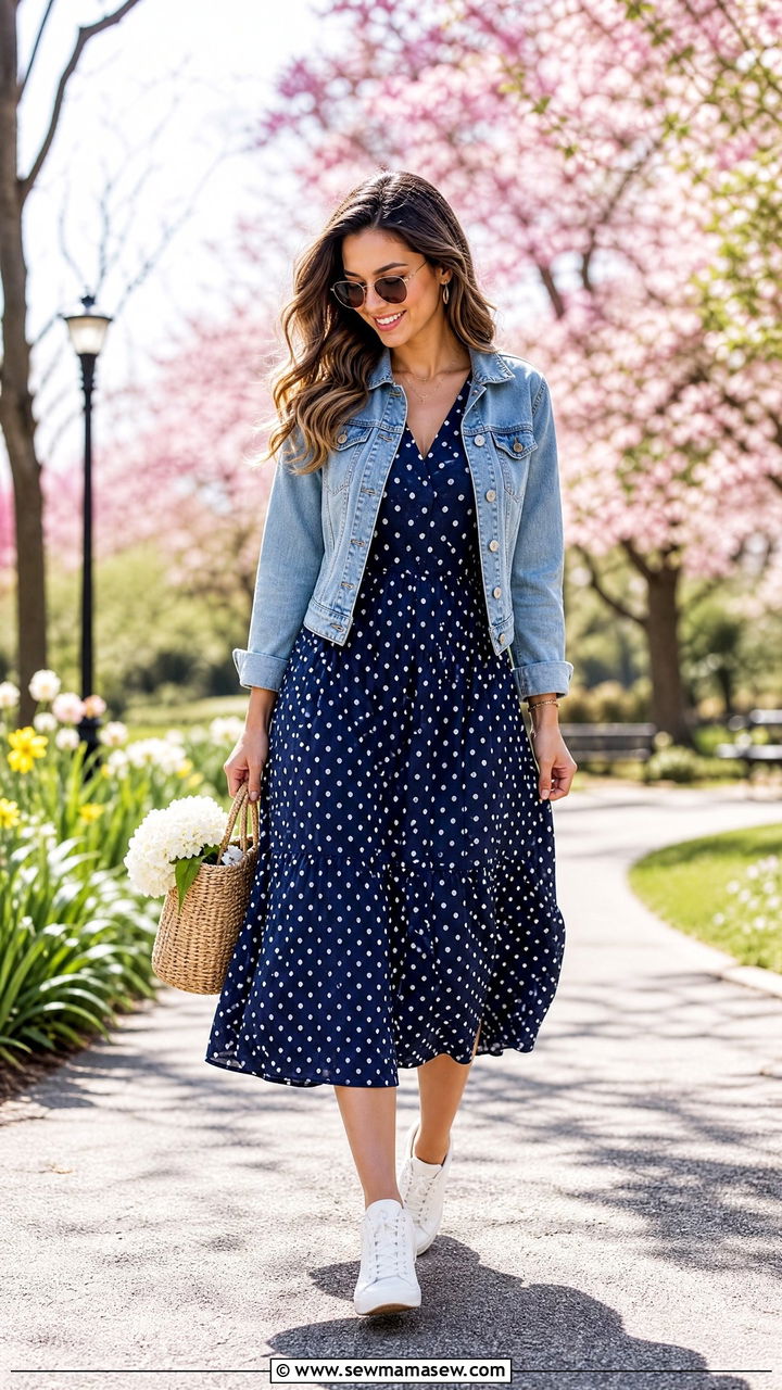 Polka Dot Midi Dress With Denim Jacket And White Sneakers - 30 Stylish spring outfit ideas 2026