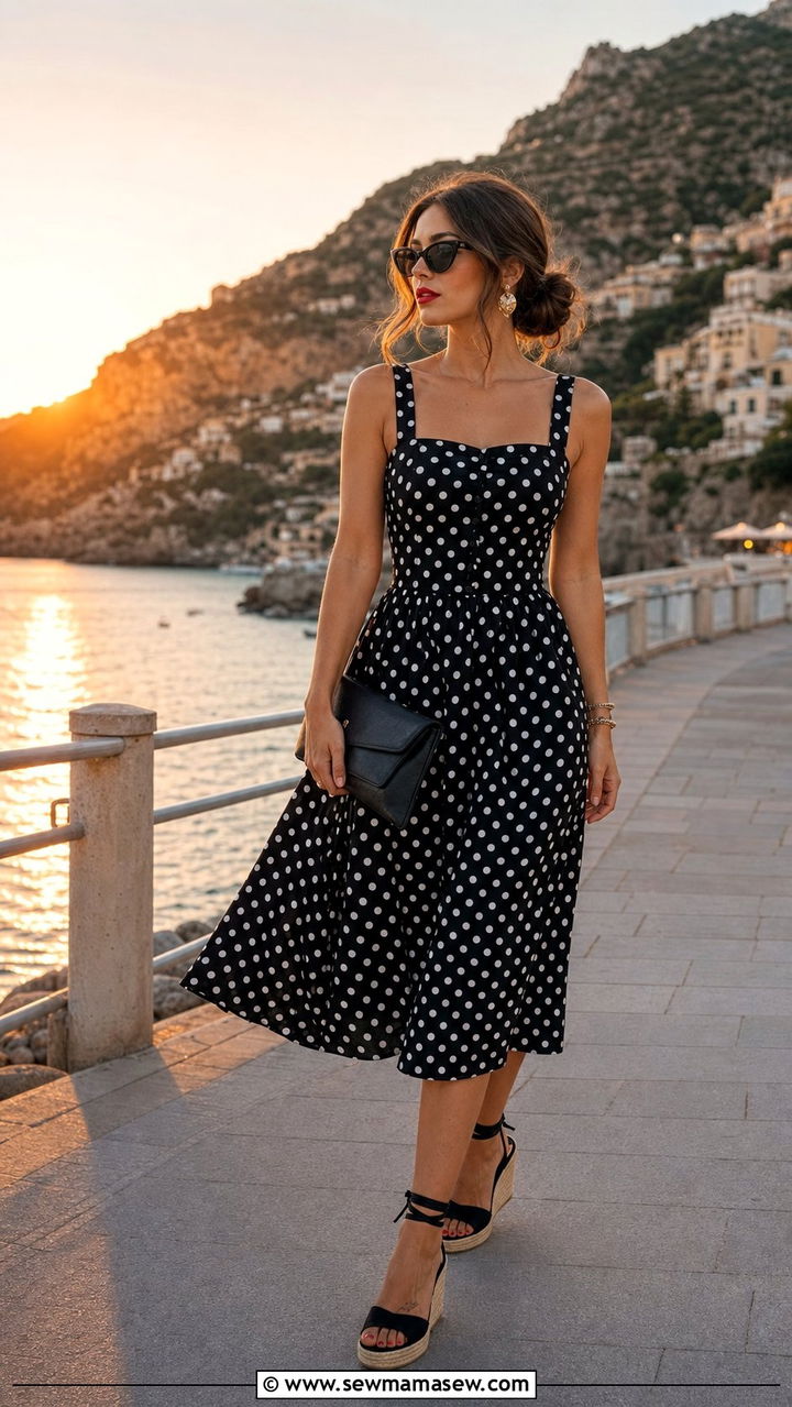 Polka Dot Midi Dress With Espadrilles And Red Lip - 25 European summer outfits aesthetic
