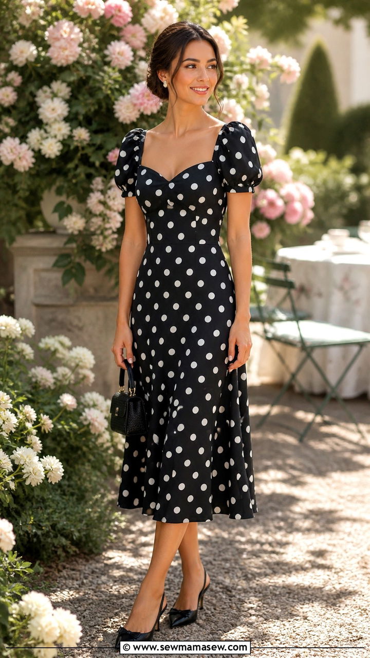 Polka Dot Midi Dress With Kitten Heels Outfit - 20 summer outfits 2026 women ideas