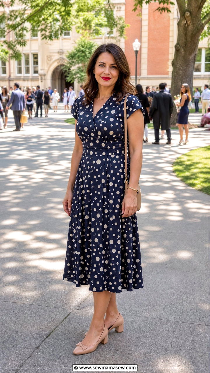 Polka Dot Midi Dress With Low Heels - 35 Graduation outfits for moms