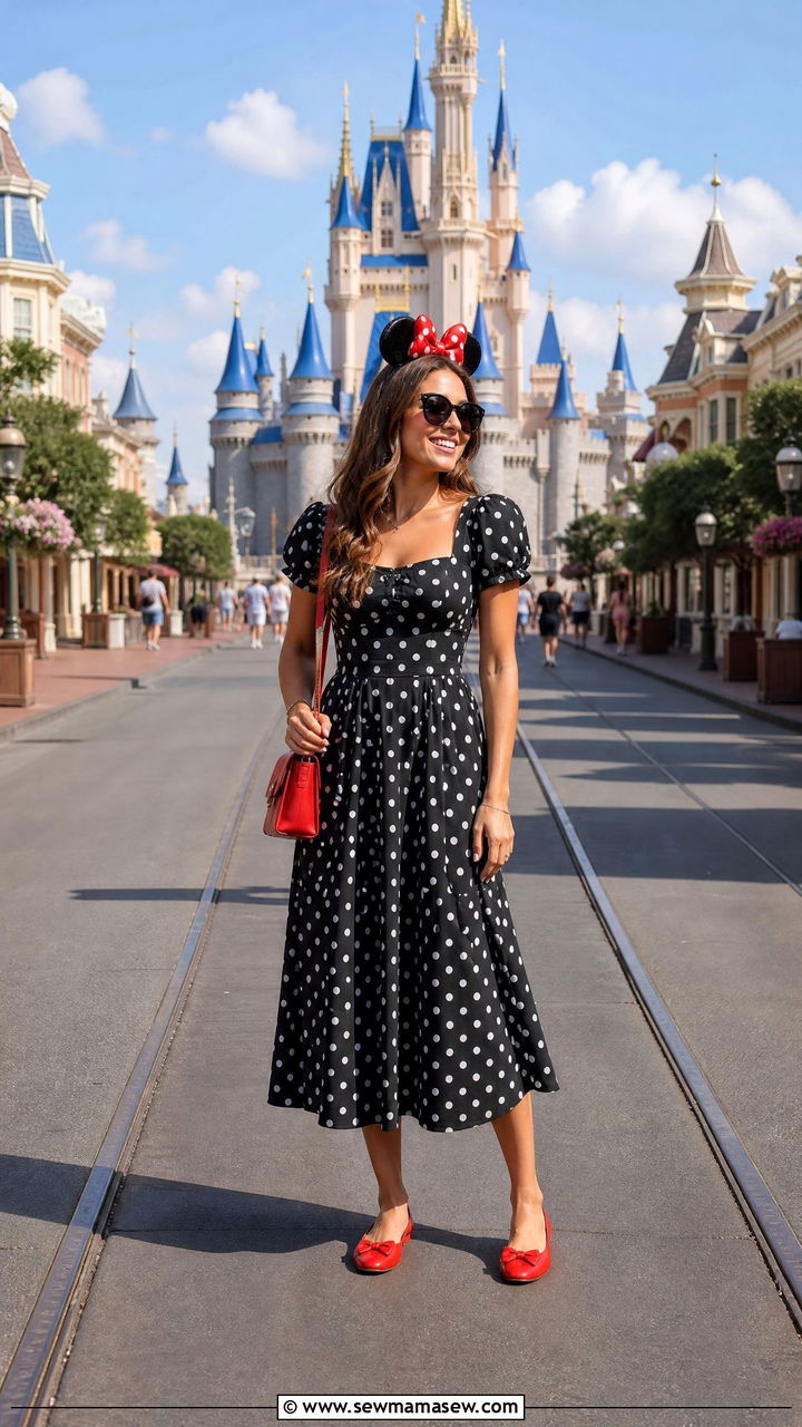 Polka Dot Midi Dress With Minnie Ears - 40 Disney World outfit ideas