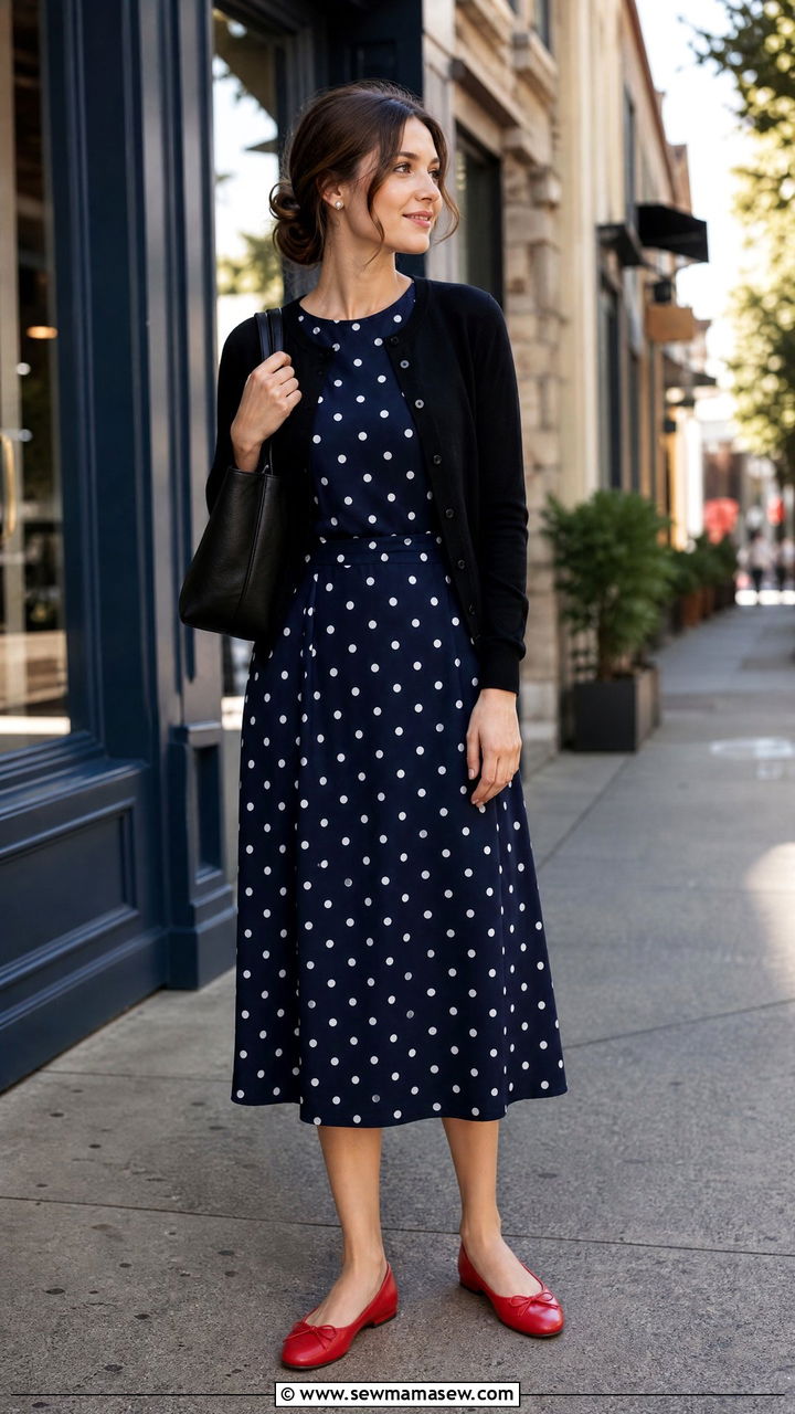 Polka Dot Midi Dress With Red Ballet Flats - 25 Business casual outfits with midi dress