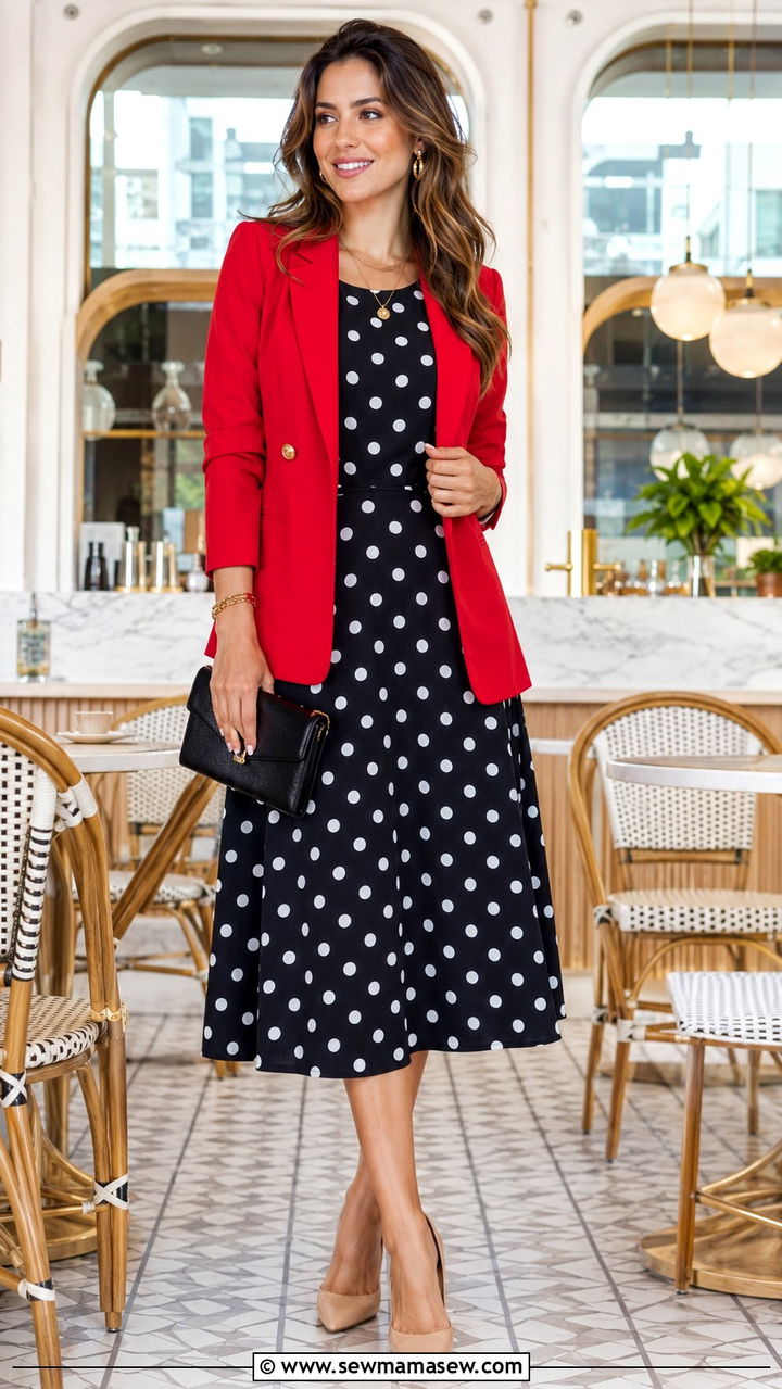 Polka Dot Midi Dress With Red Blazer - 30 Midi dress outfit ideas with a blazer