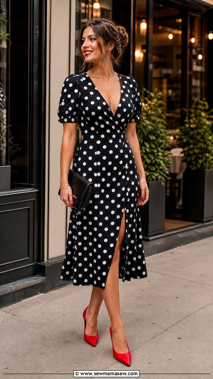 Polka Dot Midi Dress With Red Pumps - 30 Midi dress outfit ideas with heels
