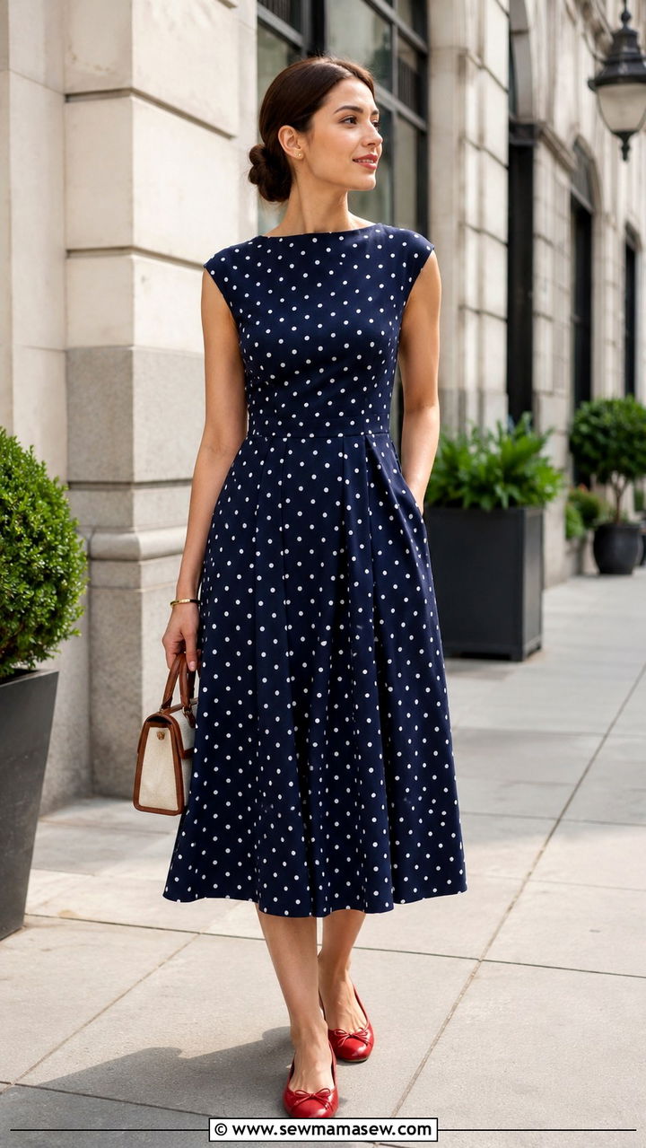 Polka Dot Midi Dress With Simple Bangle Bracelet - 30 Spring outfits with jewelry