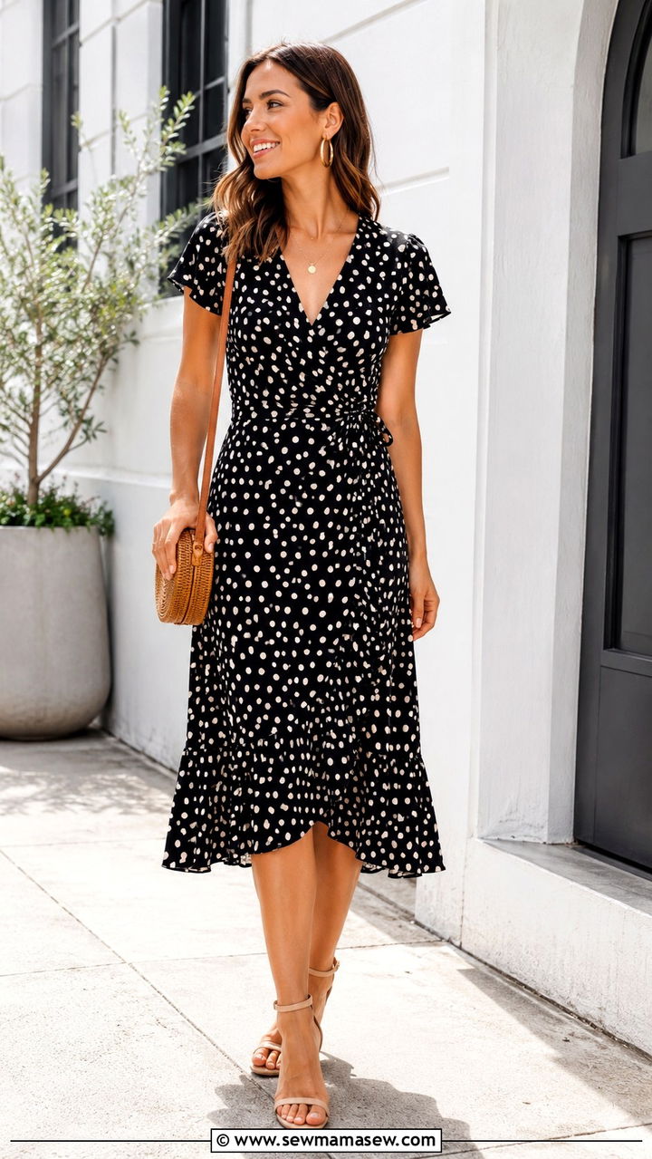 Polka Dot Midi Dress With Strappy Sandals - 30 polka dot outfit ideas