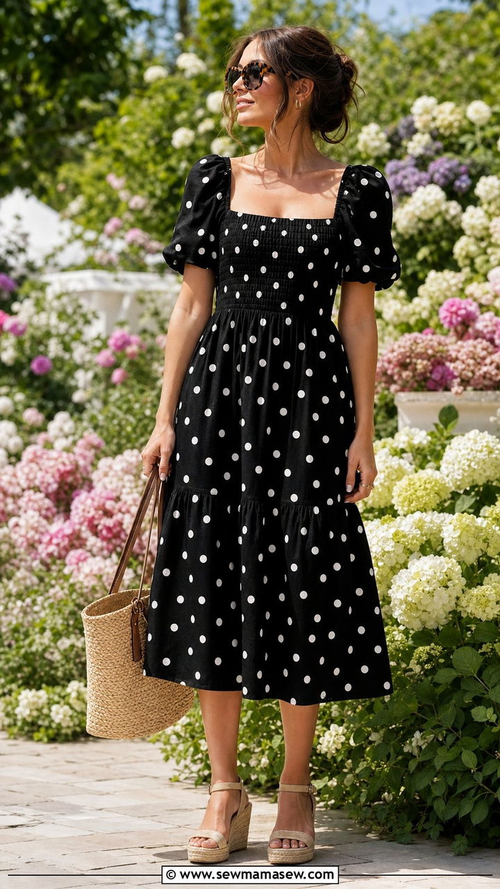 Polka Dot Midi Dress With Straw Tote Spring - 25 spring outfit ideas trends