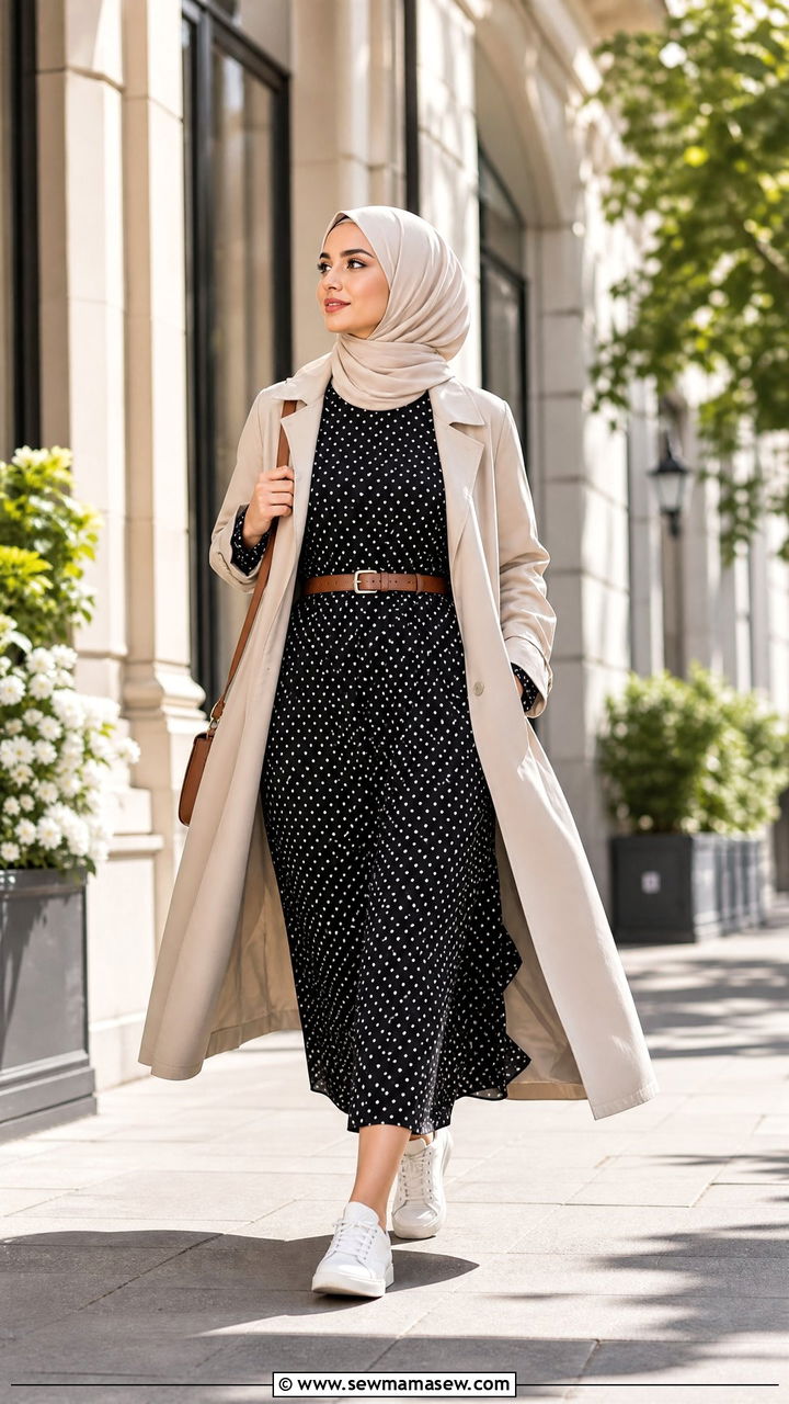 Polka Dot Midi Dress With White Sneakers - 30 modest classy outfits 2026
