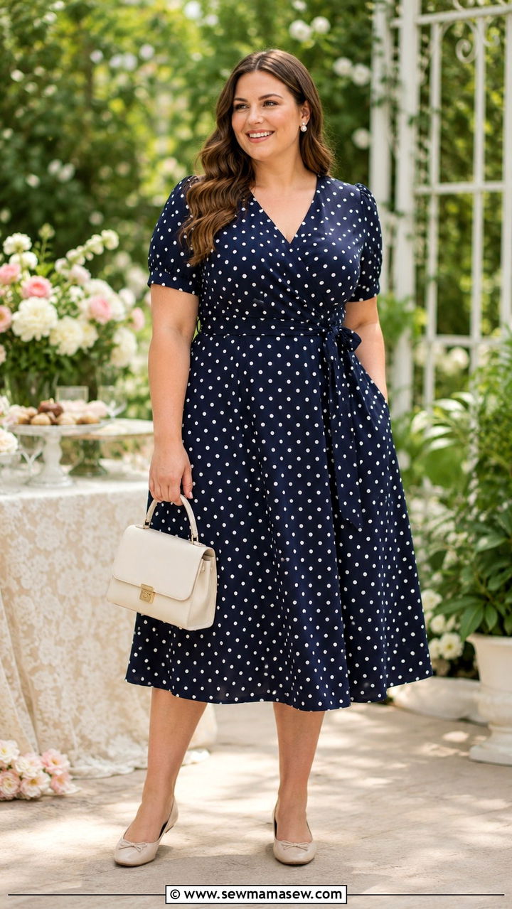 Polka Dot Midi Dress with Ballet Flats - 30 spring plus size outfit ideas