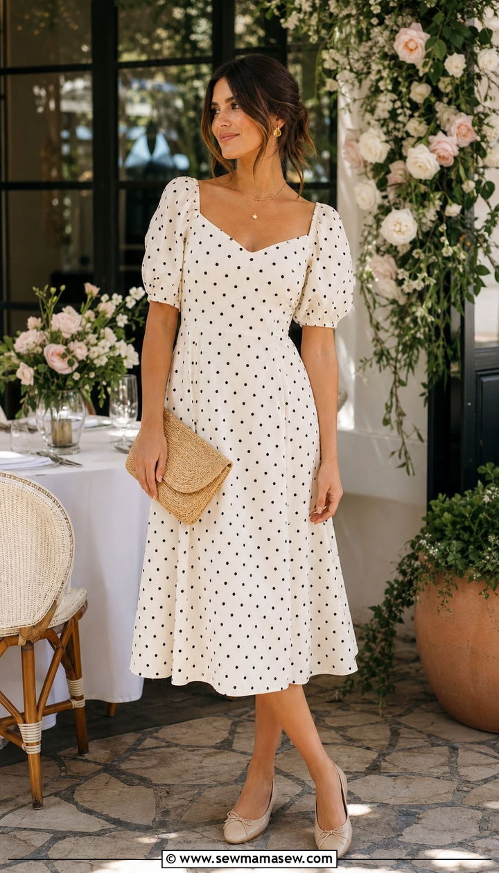 Polka Dot Midi Dress with Ballet Flats and Straw Clutch - 35 casual midi dress outfits