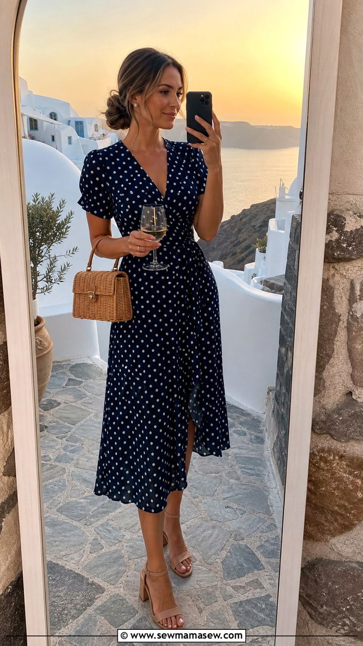 Polka Dot Midi Dress with Block Heel Sandals - 40 What to wear in Santorini