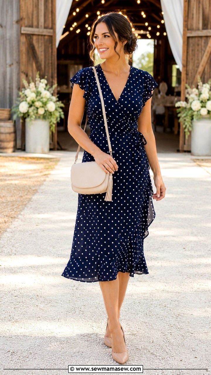 Polka Dot Midi Dress with Closed Toe Heels - 30 modest summer wedding guest outfit ideas