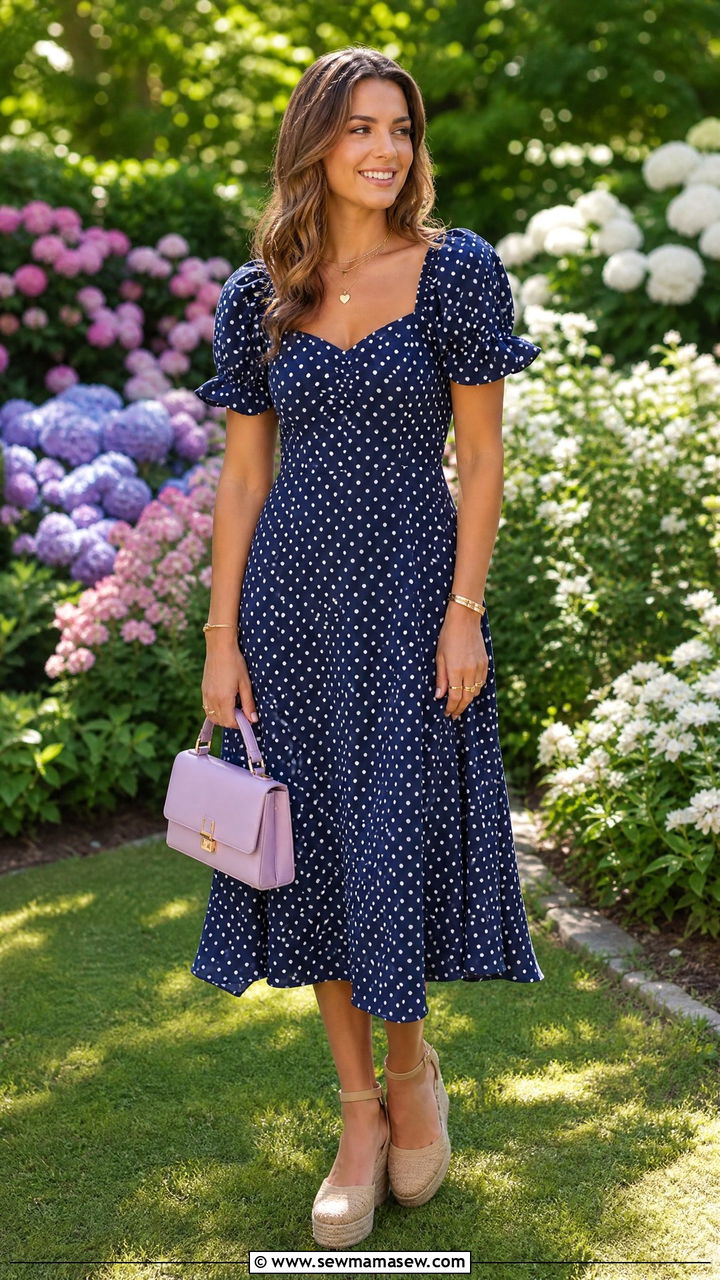 Polka Dot Midi Dress with Espadrille Wedges - 30 summer polka dot outfit ideas
