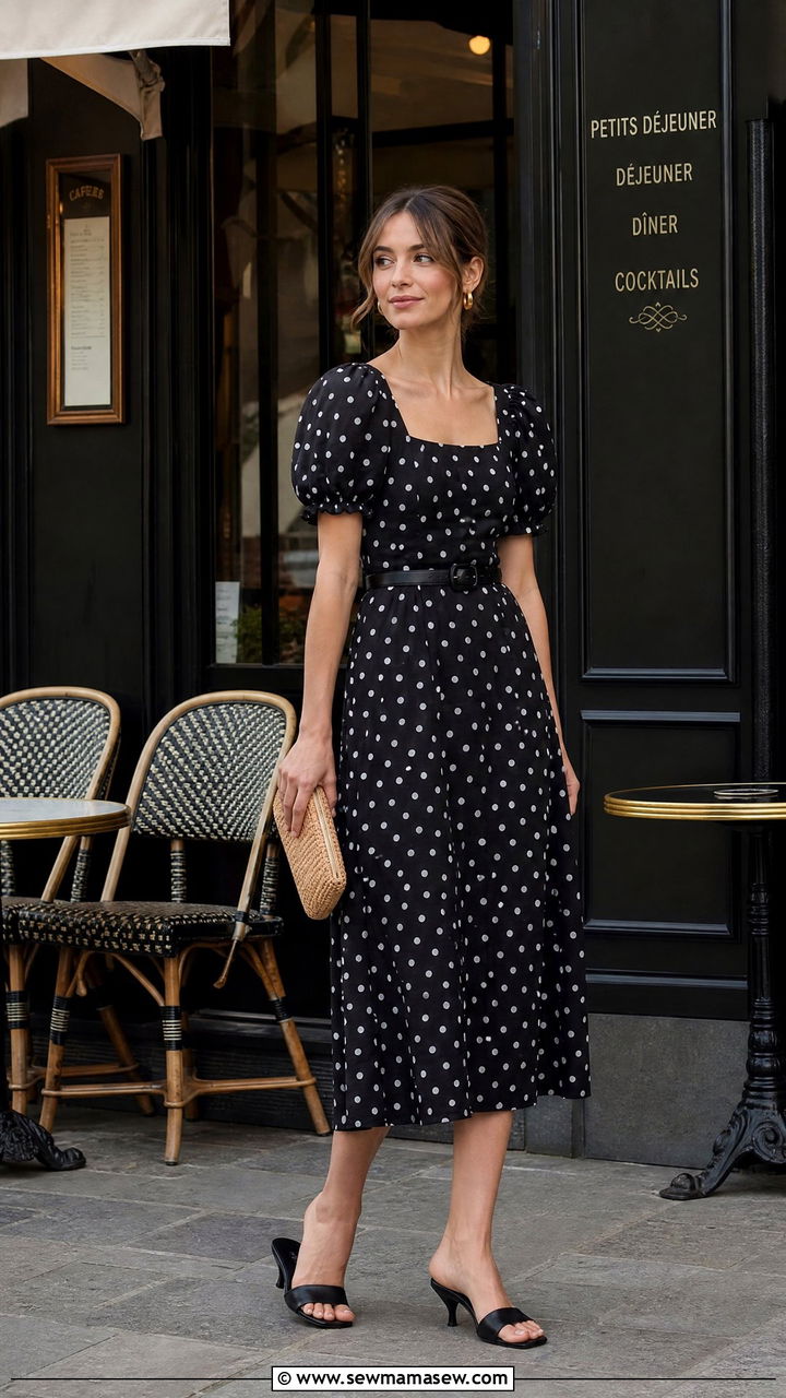 Polka Dot Midi Dress with Kitten Heel Mules - 35 French girl summer outfit ideas