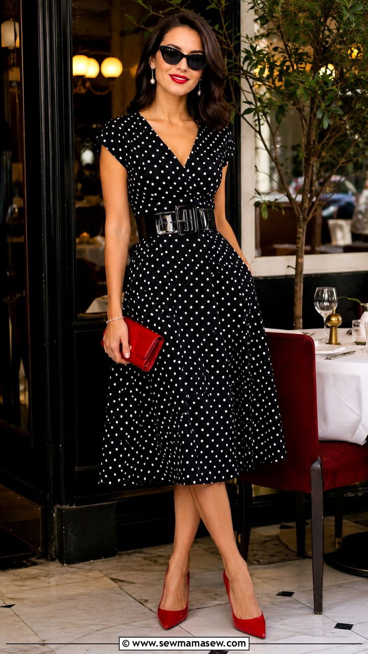 Polka Dot Midi Dress with Patent Belt and Red Pumps - 30 Midi dress outfit ideas with a belt