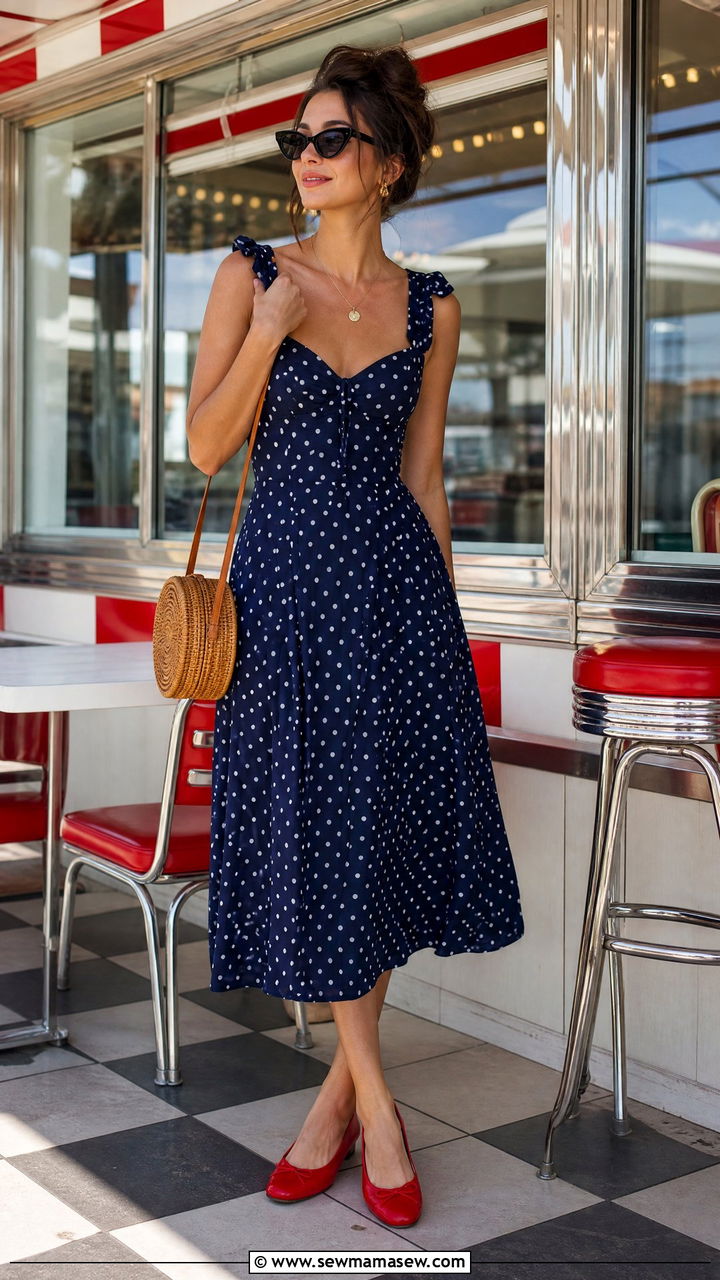 Polka Dot Midi Dress with Red Ballet Flats - 25 Brunch outfit ideas with a midi dress