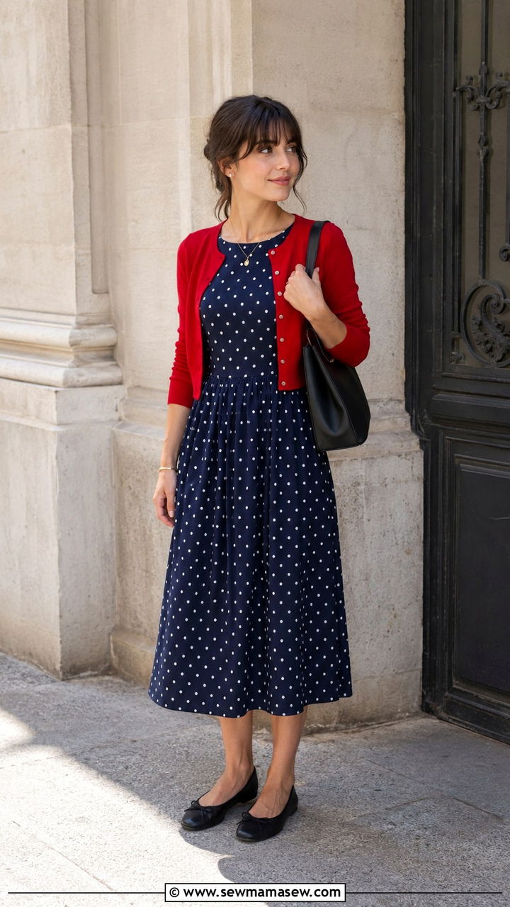 Polka Dot Midi Dress with Red Cardigan - 30 Midi dress with cardigan outfit ideas