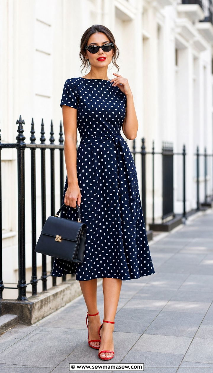 Polka Dot Midi Dress with Red Sandals - 25 summer outfit ideas trends