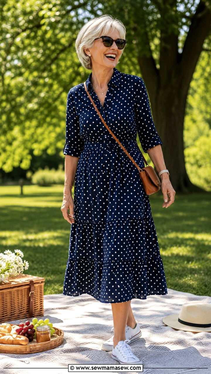 Polka Dot Midi Dress with Sneakers - 30 Picnic outfits for women over 60