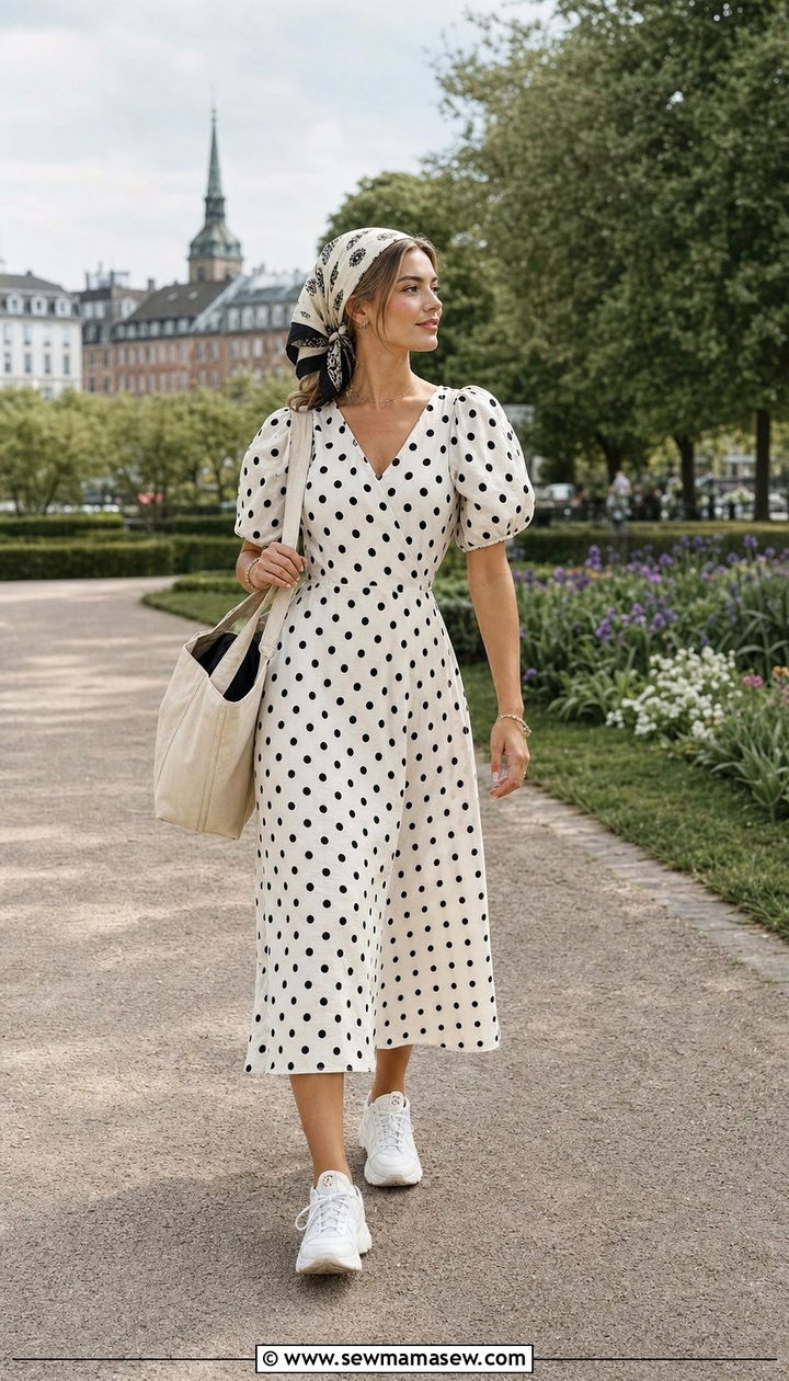 Polka Dot Midi Dress with Sporty Sneakers and a Canvas Tote - 25 Copenhagen outfits 2026