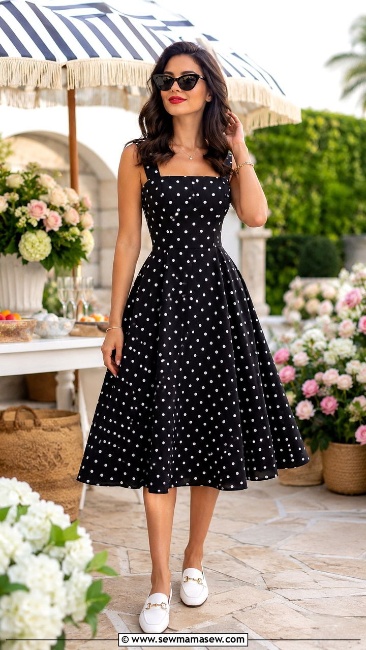 Polka Dot Midi Dress with White Loafers - 25 Midi dress with loafers outfit ideas