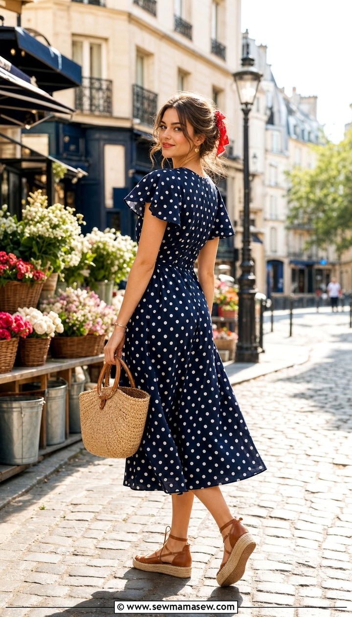 Polka Dot Midi Dress with Woven Handbag and Espadrilles - 25 classy Paris outfits