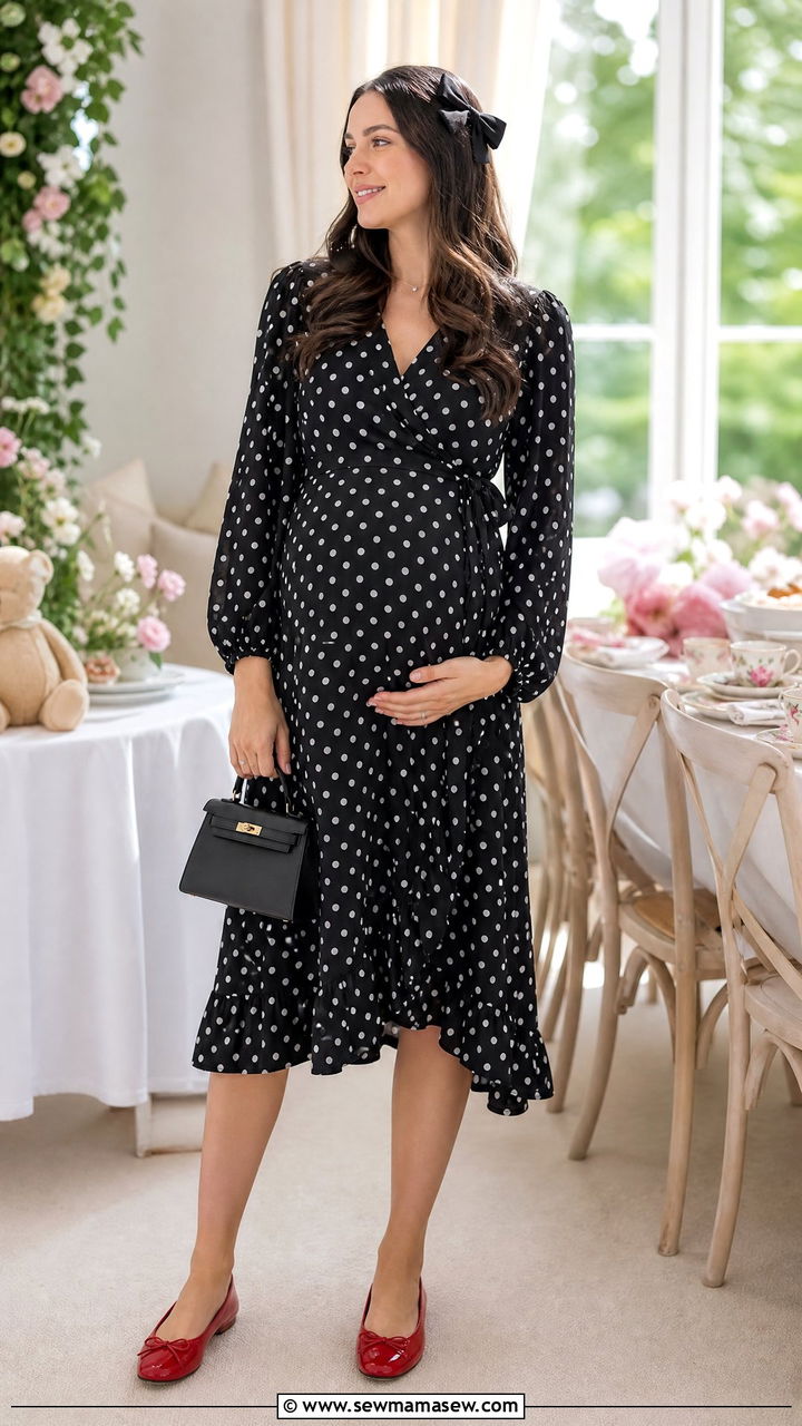 Polka Dot Midi Maternity Dress Baby Shower Look - 30 Maternity outfit ideas for baby shower