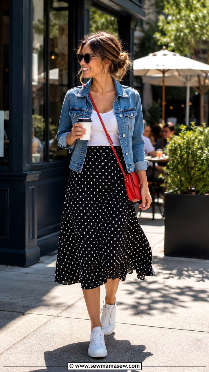 Polka Dot Midi Skirt With Denim Jacket And Sneakers - 30 Spring outfits with skirts