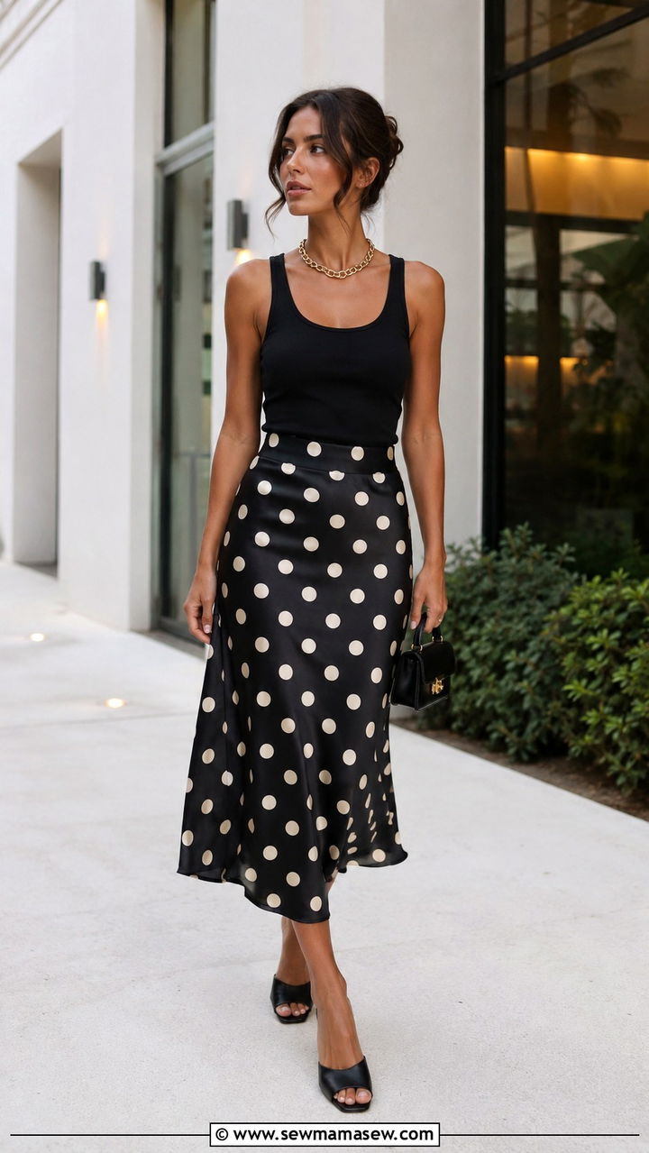 Polka Dot Midi Skirt With Fitted Tank and Mules - 30 polka dot outfit ideas