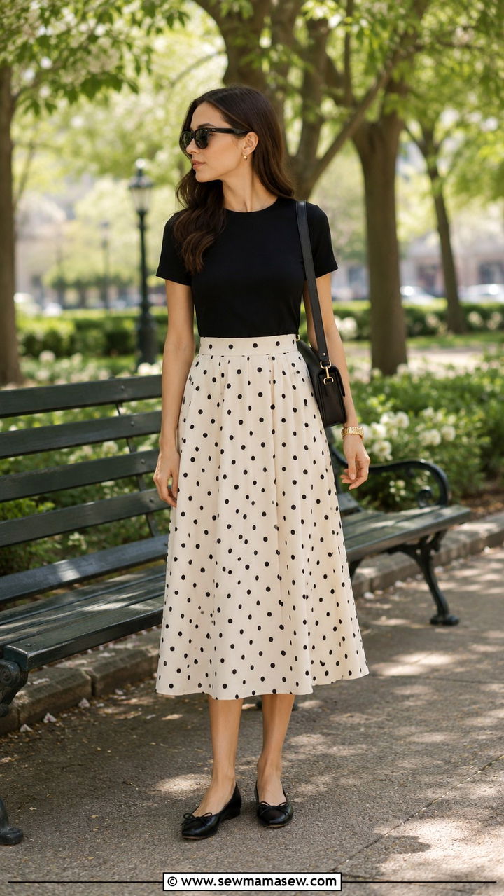 Polka Dot Midi Skirt With Fitted Tee And Ballet Flats - 30 Spring outfits with midi skirts
