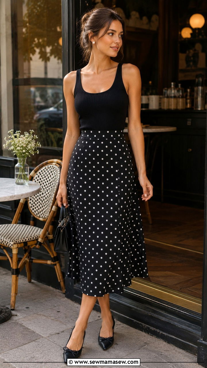 Polka Dot Midi Skirt With Fitted Top - 30 Midi skirt outfit ideas for summer