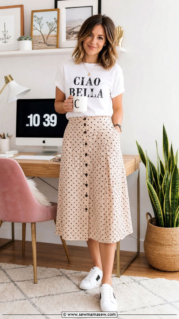 Polka Dot Midi Skirt With Graphic Tee Outfit - 40 Work from home outfits