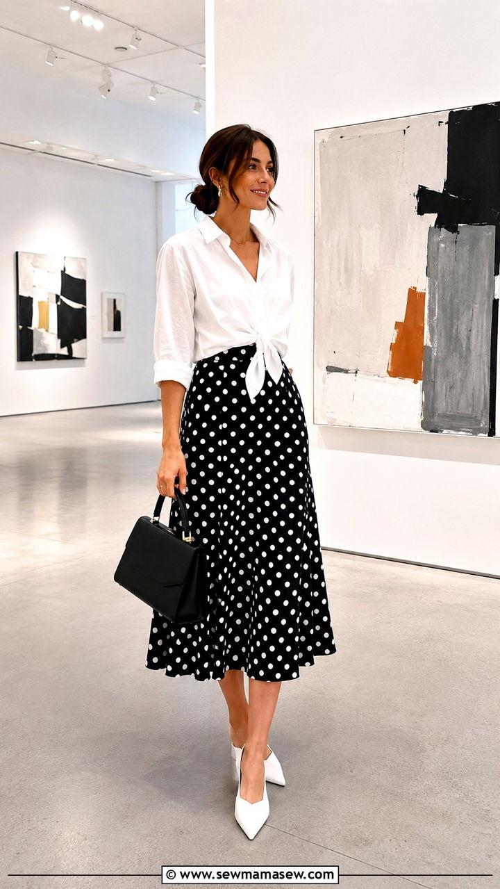 Polka Dot Midi Skirt With Knotted Blouse - 30 spring skirt outfit ideas