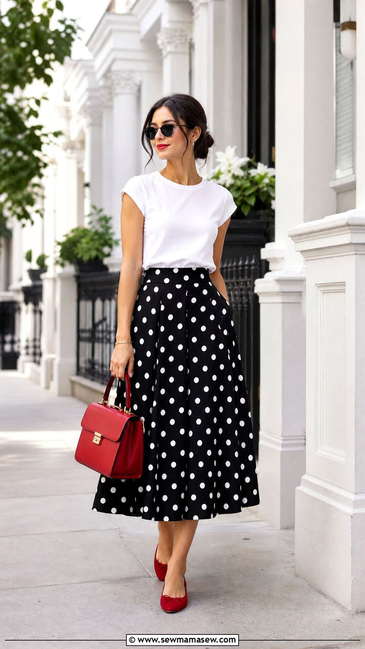 Polka Dot Midi Skirt With Red Accessories - 35 midi skirt outfit ideas for women