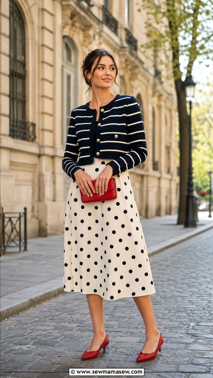 Polka Dot Midi Skirt With Striped Jacket - 25 April outfit ideas 2026