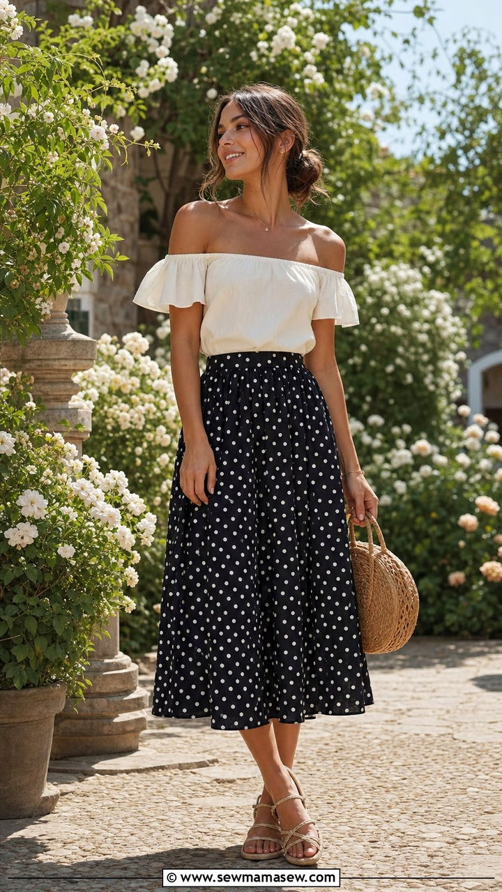 Polka Dot Midi Skirt and Off Shoulder Top Summer Outfit - 25 Summer outfits for 80-90 degree weather