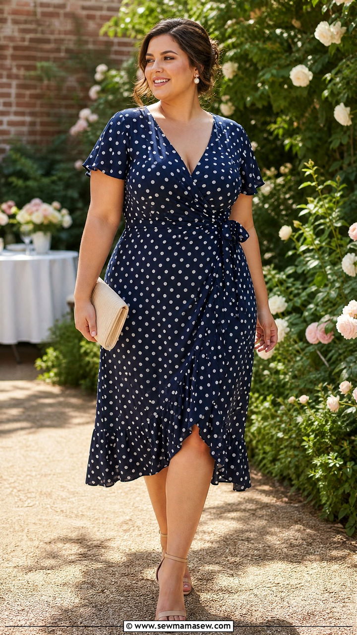 Polka Dot Midi Wrap Dress with Strappy Heels - 30 Curvy girl summer outfit ideas