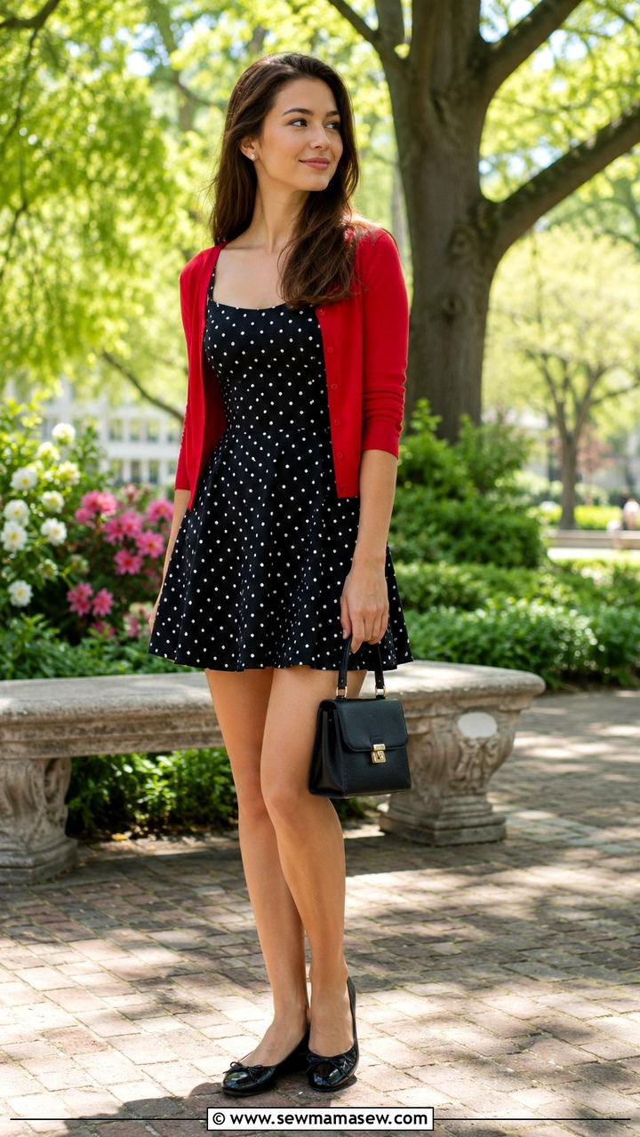 Polka Dot Mini Dress With Red Cropped Cardigan And Ballet Flats - 30 Mini dress outfit ideas with a cardigan